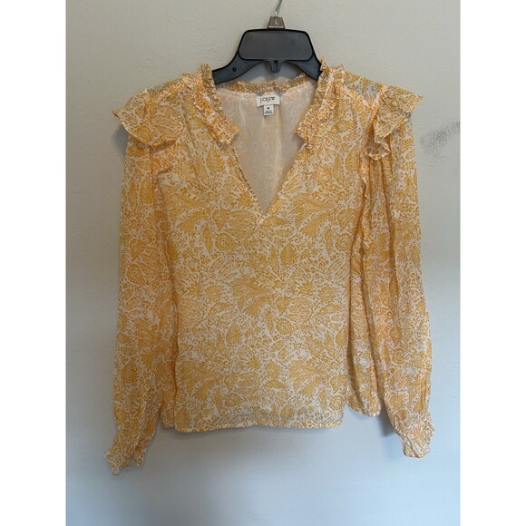 J. Crew Tops - J.Crew Yellow Paisley Floral Lined Ruffle Sleeve V-Neck Blouse Size Medium